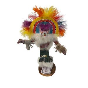 Handcrafted Rainbow Kachina Doll With Feather Headdress & Wooden Base